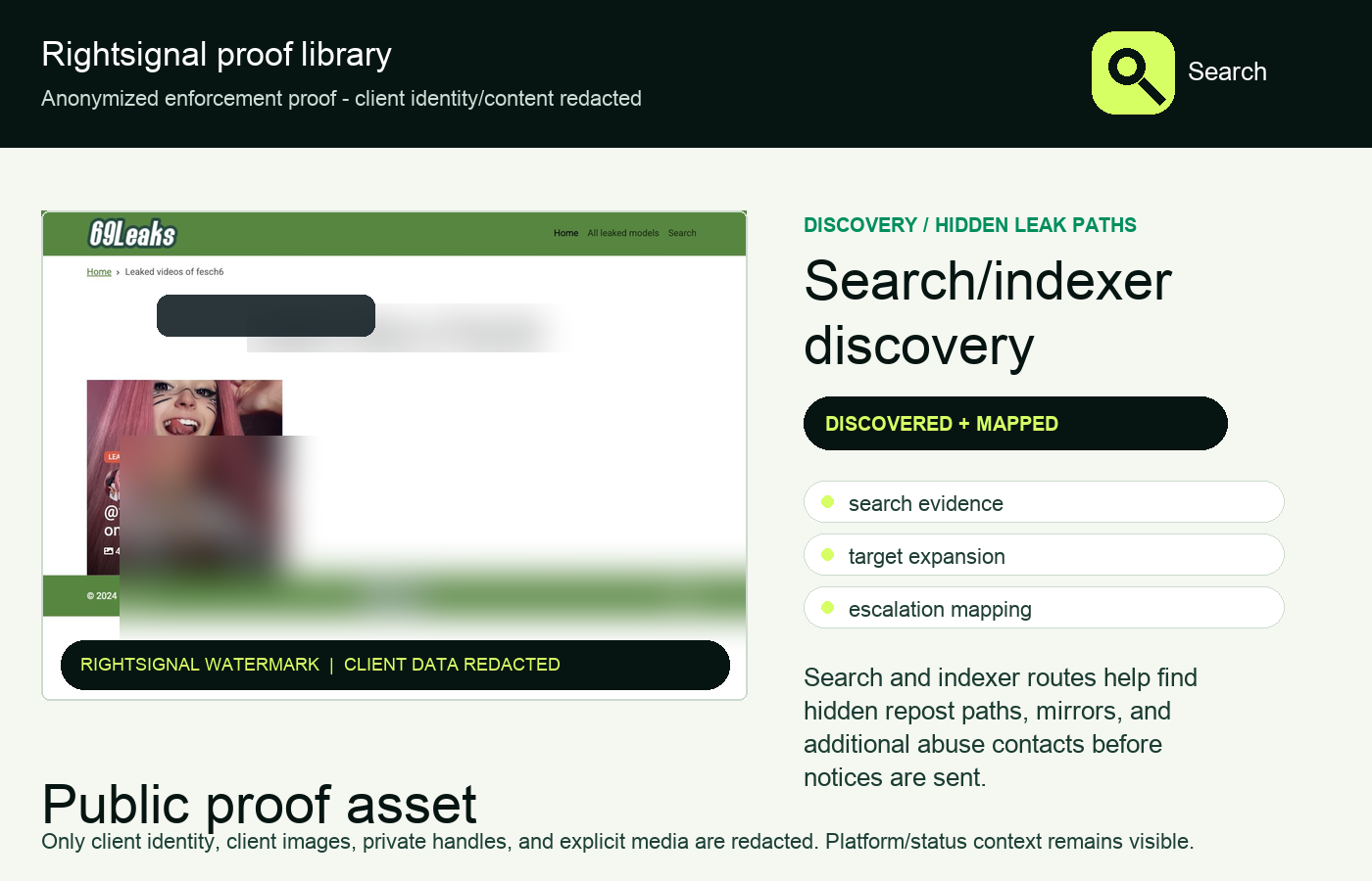 Anonymized search indexer discovery proof